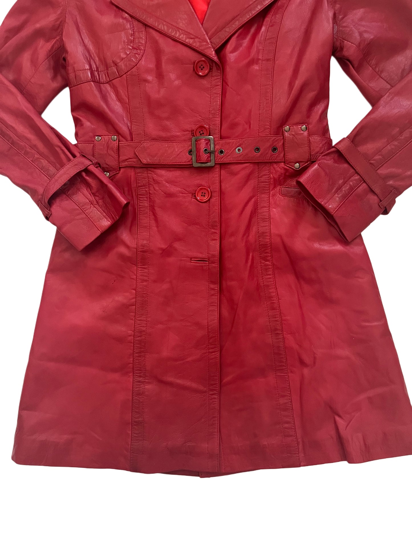 Carrie – Manteau long vintage en cuir véritable rouge, neuf avec étiquette