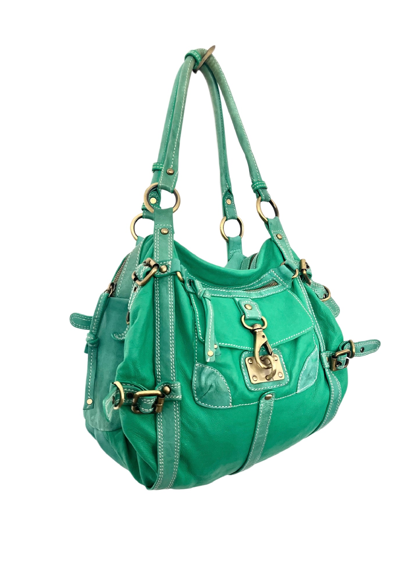 Sac à Main Fourre-Tout en Cuir Vert Turquoise — Format Medium — Style Vintage / Bohème