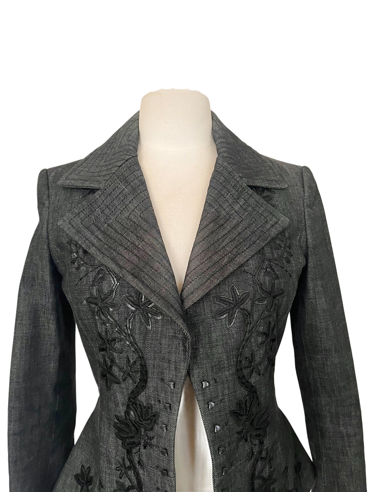 Veste vintage cintrée grise à broderies florales - Coupe structurée - 38/M