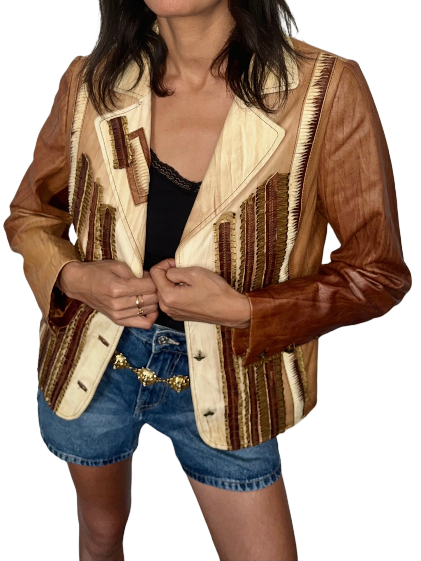 Veste blazer en cuir véritable – Dégradé de Marron – Made in Spain