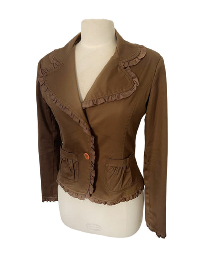 Veste Blazer Vintage Marron Glacé Cintrée à Biais Froncés  — taille 38/40 — coquette / boho chic