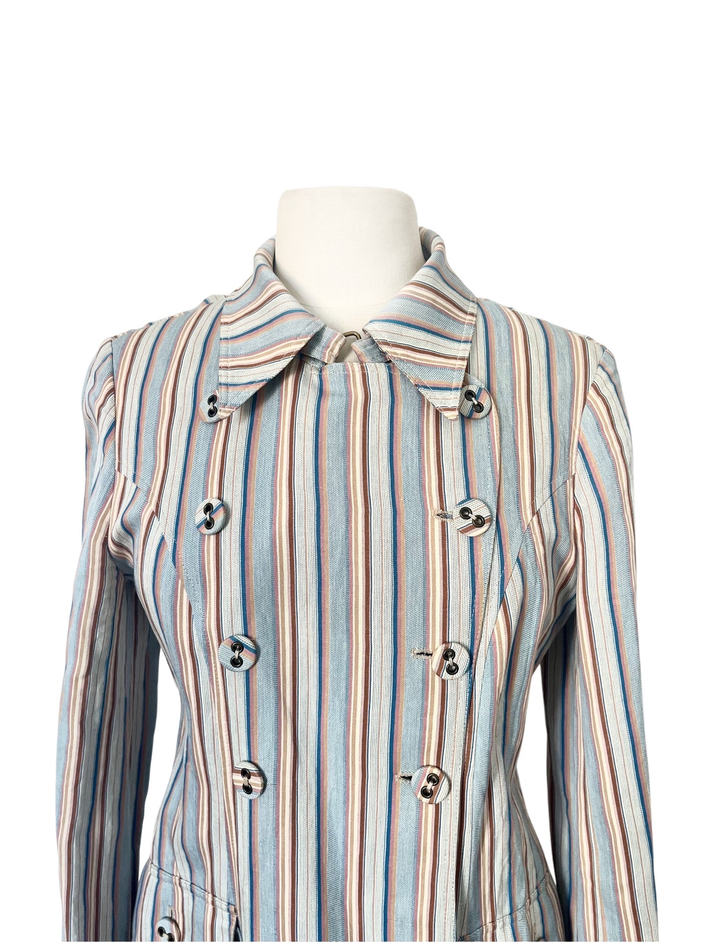 Manteau Long Léger à Rayures Pastel et Col Structuré — taille 38/40 — bohème chic / créateur