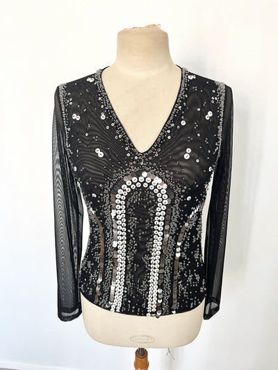 Top mesh vintage manches longues – broderies perlées et sequins – T38 extensible