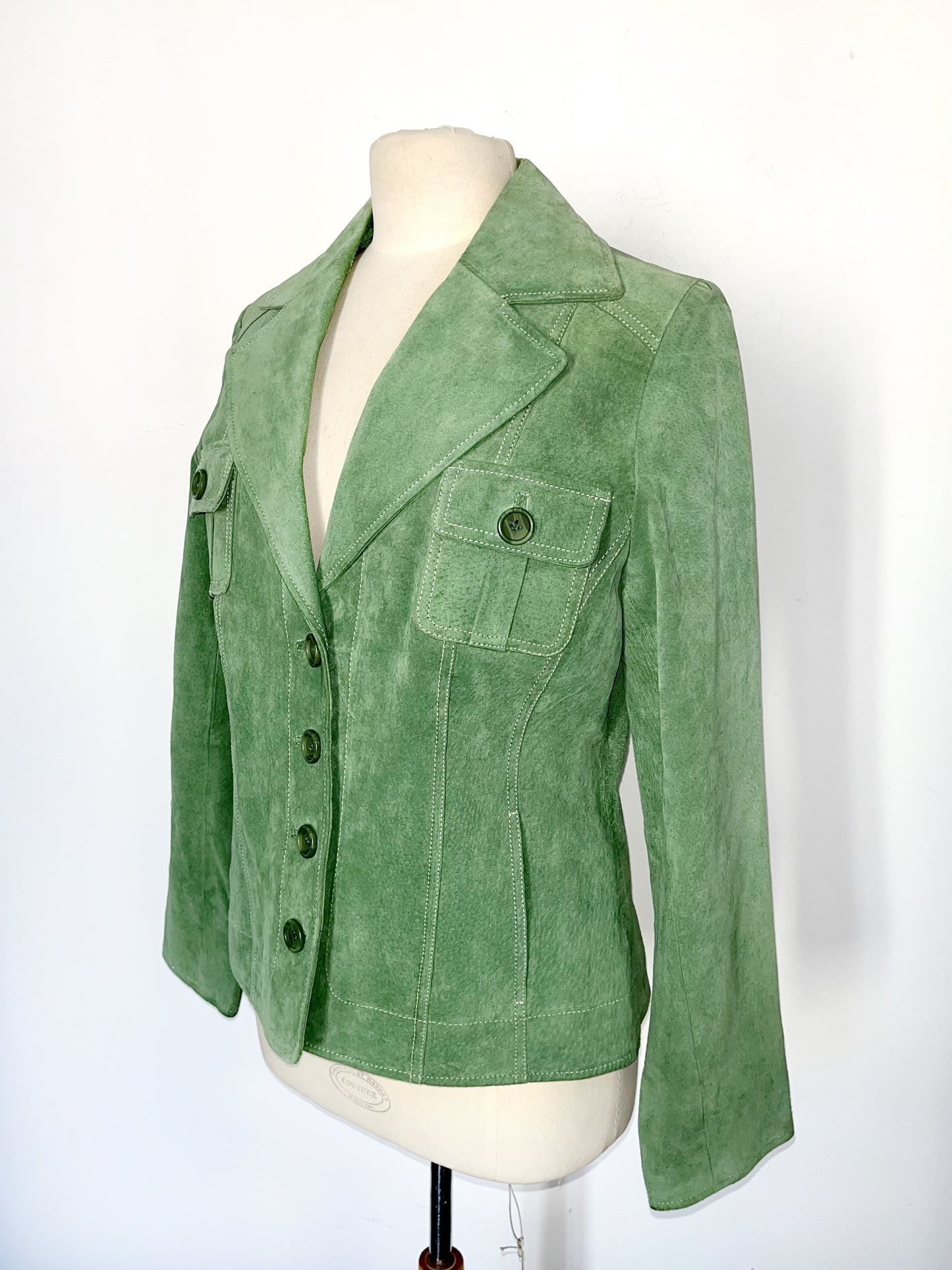 Veste vintage en cuir véritable vert clair – Taille 40