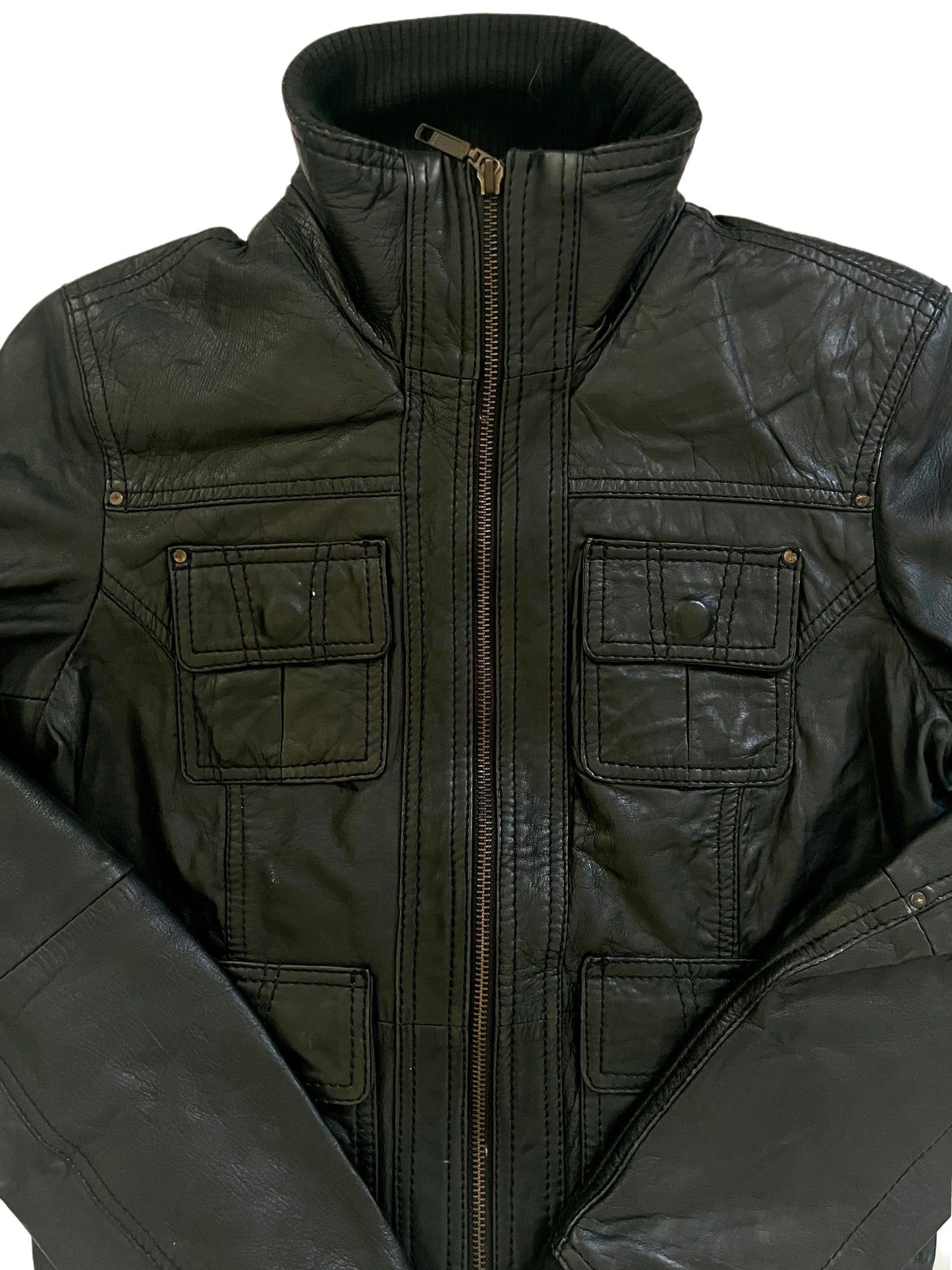 ASHLEY - Blouson vintage en cuir véritable noir – Taille 38