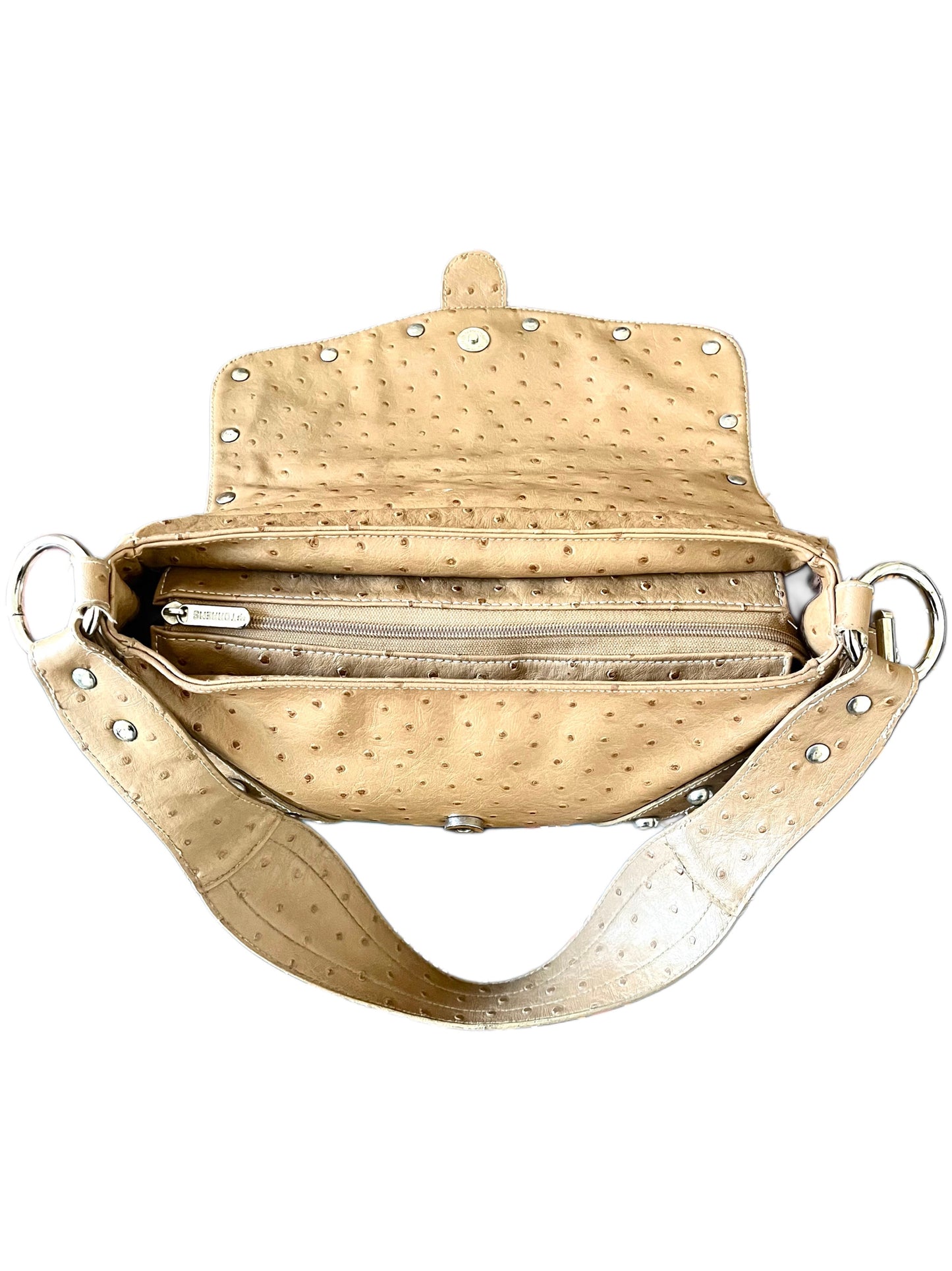 SAC BAGUETTE VINTAGE EFFET CUIR D’AUTRUCHE — DÉTAILS RIVETS ARGENTÉS — FORMAT MÉDIUM