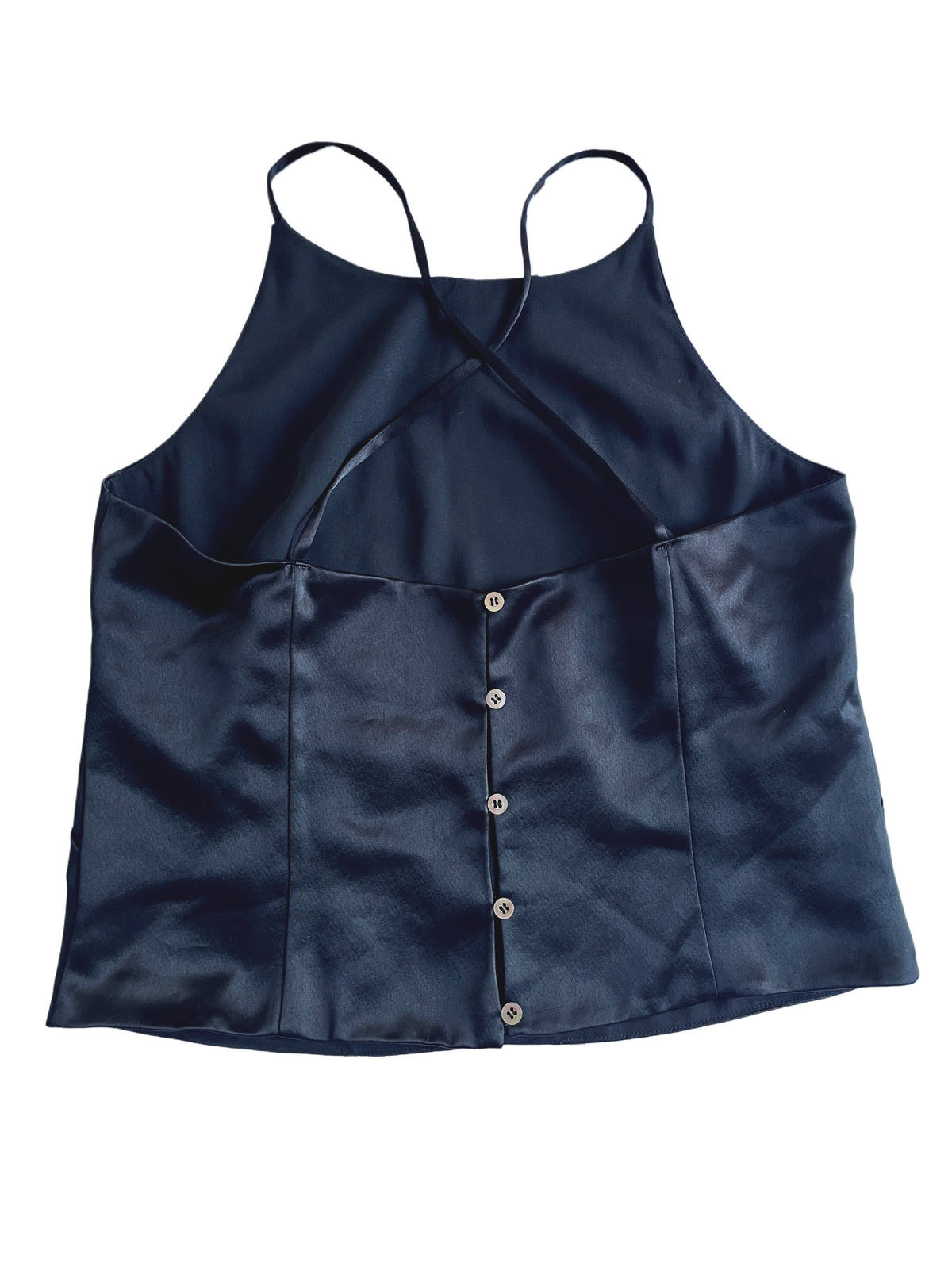 Top Caraco Satin Noir Orné Studs & Boutons Mordorés Vieillis — T. 36 (S) — Sourced in Italy