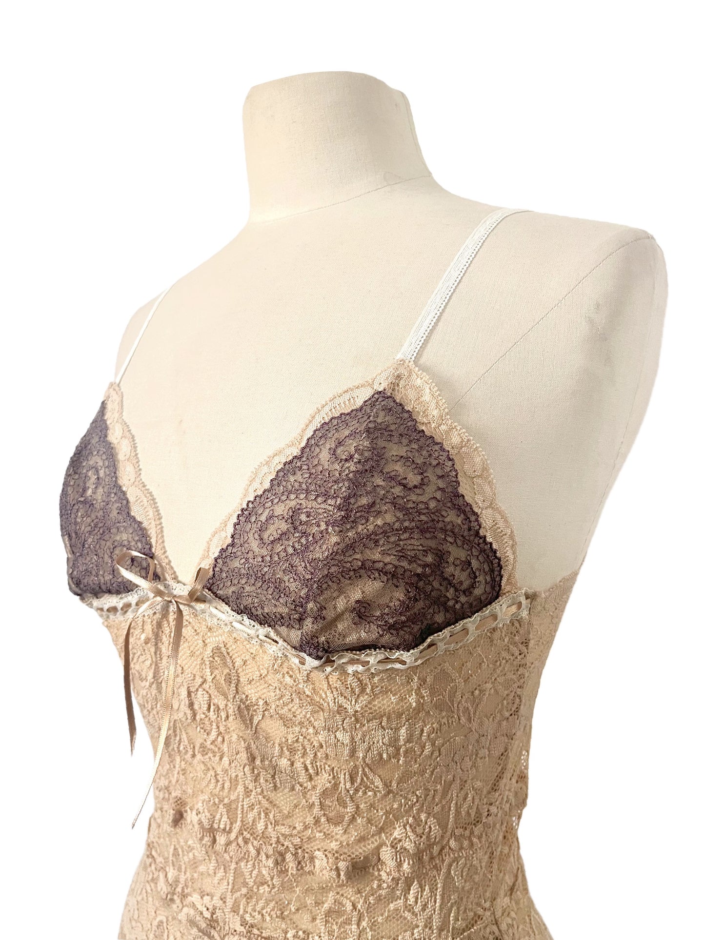 Top Lingerie Dentelle Bicolore Vintage Y2K - Fines Bretelles - Taille 38/40 (M/L)