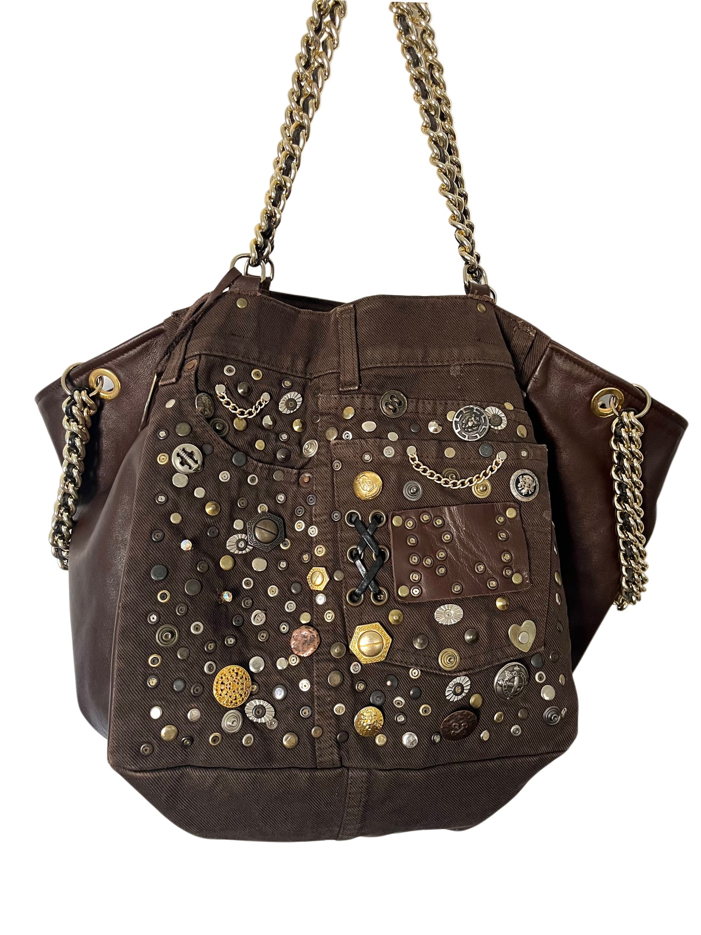 Grand sac bi-matière cuir & denim clouté — Très bon état — Format XL