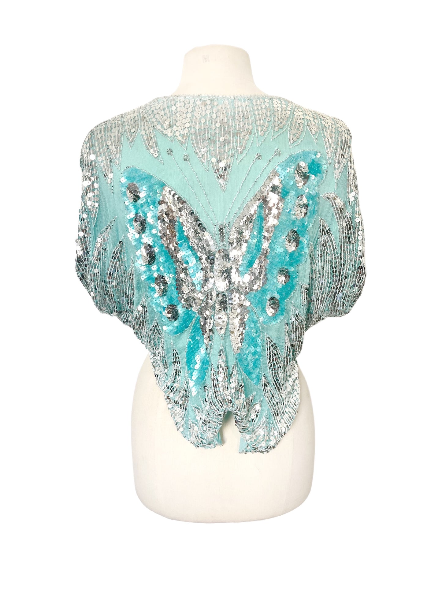Top Vintage Papillon en Soie Turquoise & Sequins Argentés — taille 38 — Y2K / Glamour / Pièce de Fête
