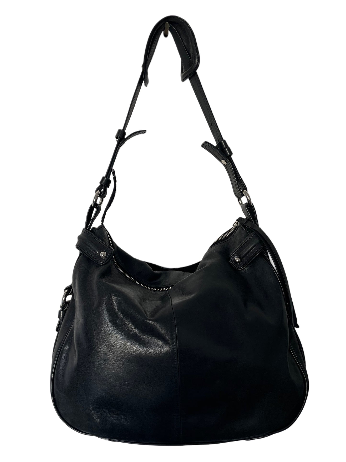 Sac à Main Francesco Biasa Demi-Lune Vintage en Cuir Lisse Noir — Bijouterie Argentée — Made in Italy