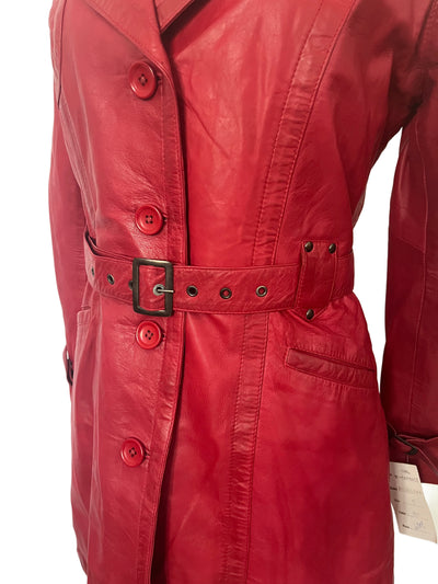 Carrie – Manteau long vintage en cuir véritable rouge, neuf avec étiquette