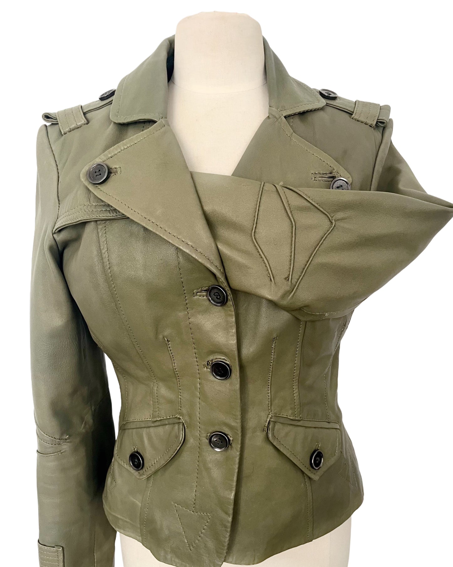Veste vintage en cuir véritable kaki – Coupe caban cintrée – Taille 40/42