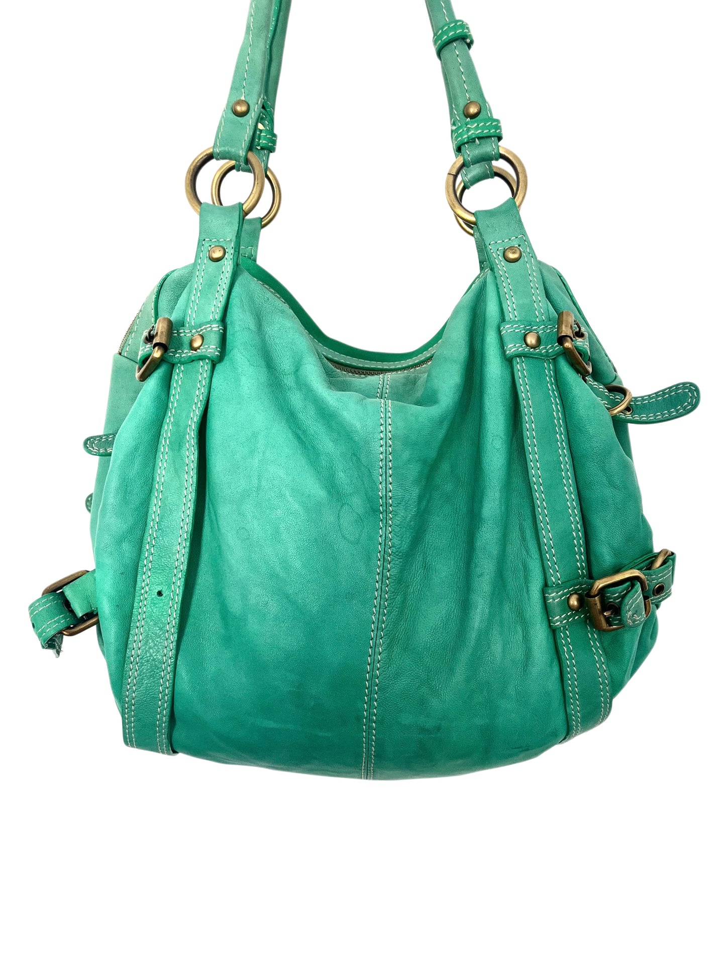 Sac à Main Fourre-Tout en Cuir Vert Turquoise — Format Medium — Style Vintage / Bohème
