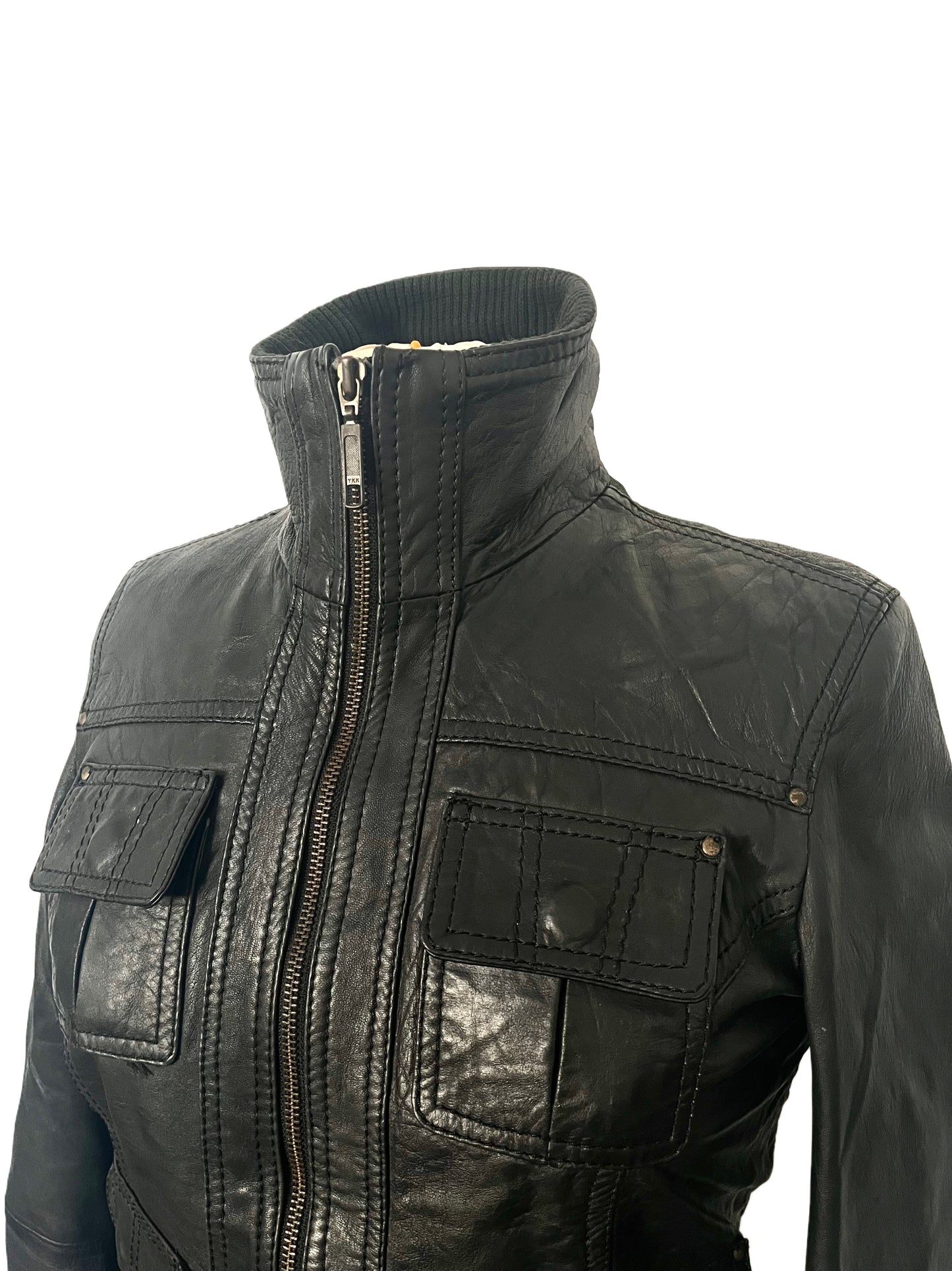 ASHLEY - Blouson vintage en cuir véritable noir – Taille 38