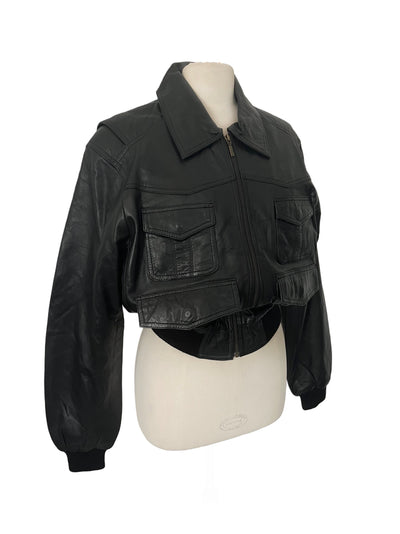 Dara – Veste bomber vintage oversize en cuir noir véritable (unisexe)