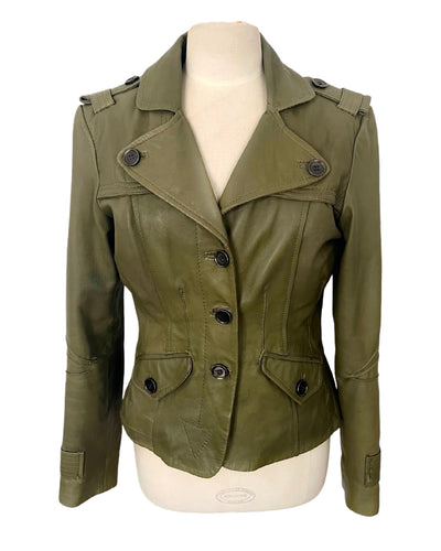 Veste vintage en cuir véritable kaki – Coupe caban cintrée – Taille 40/42