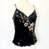 Top vintage noir à fines bretelles 100% soie, broderies perlées et sequins – Taille 38/40