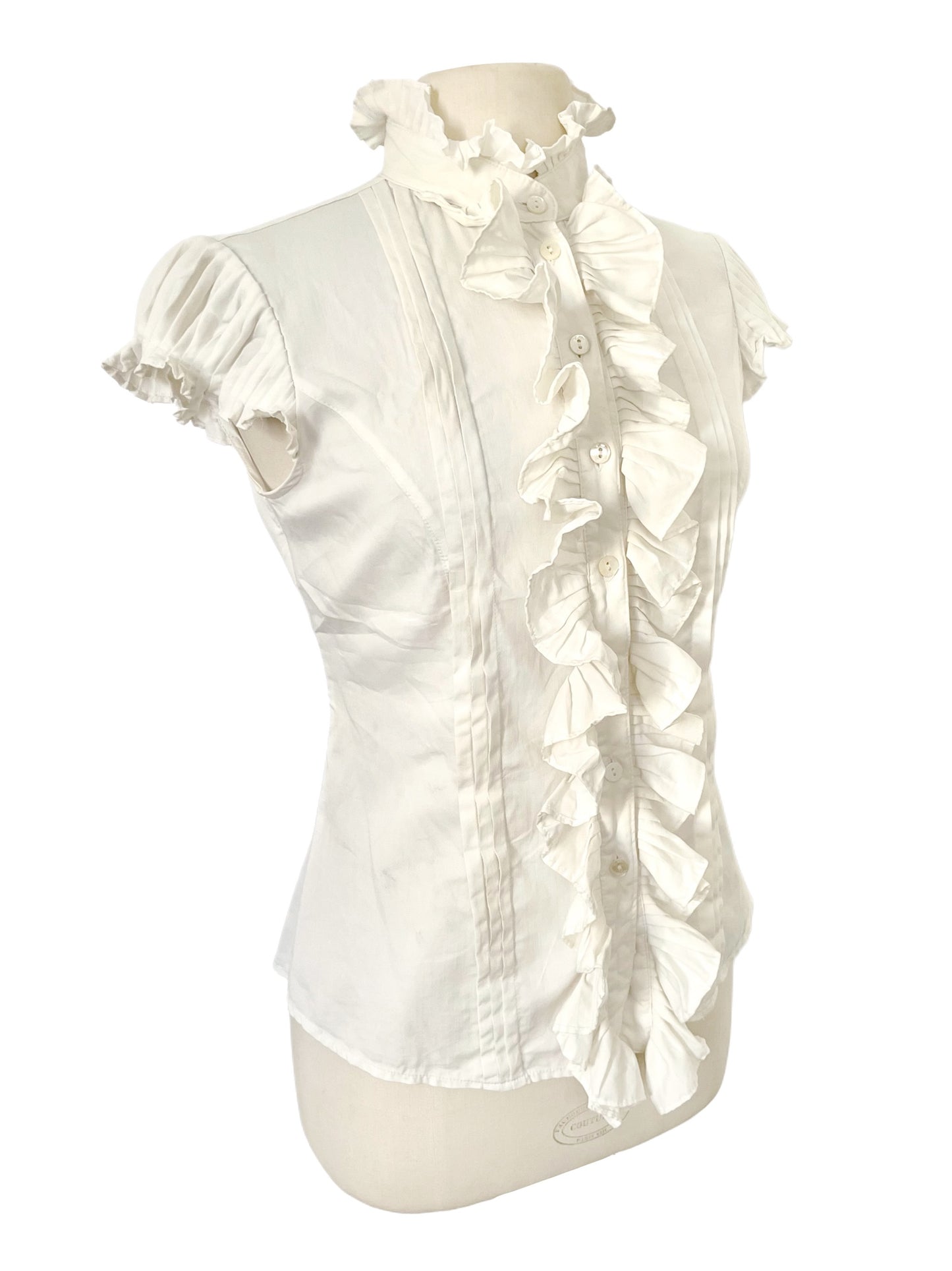 Blouse Vintage à Col Montant & Volants — ( Made in Italy ) — Taille 38/40 —  Néo-Romantique