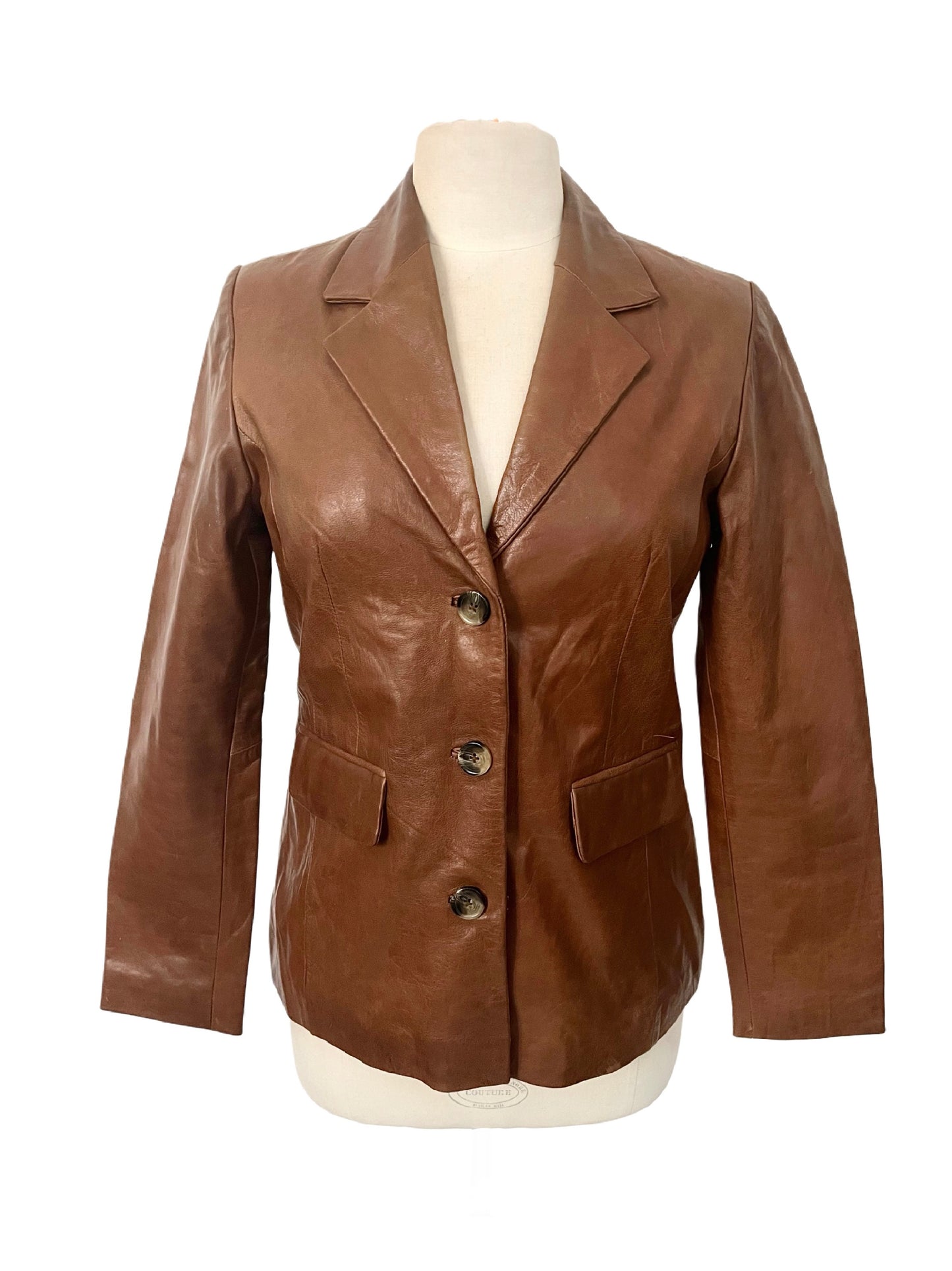 Monica – Veste blazer vintage en cuir véritable lisse noisette, taille 38