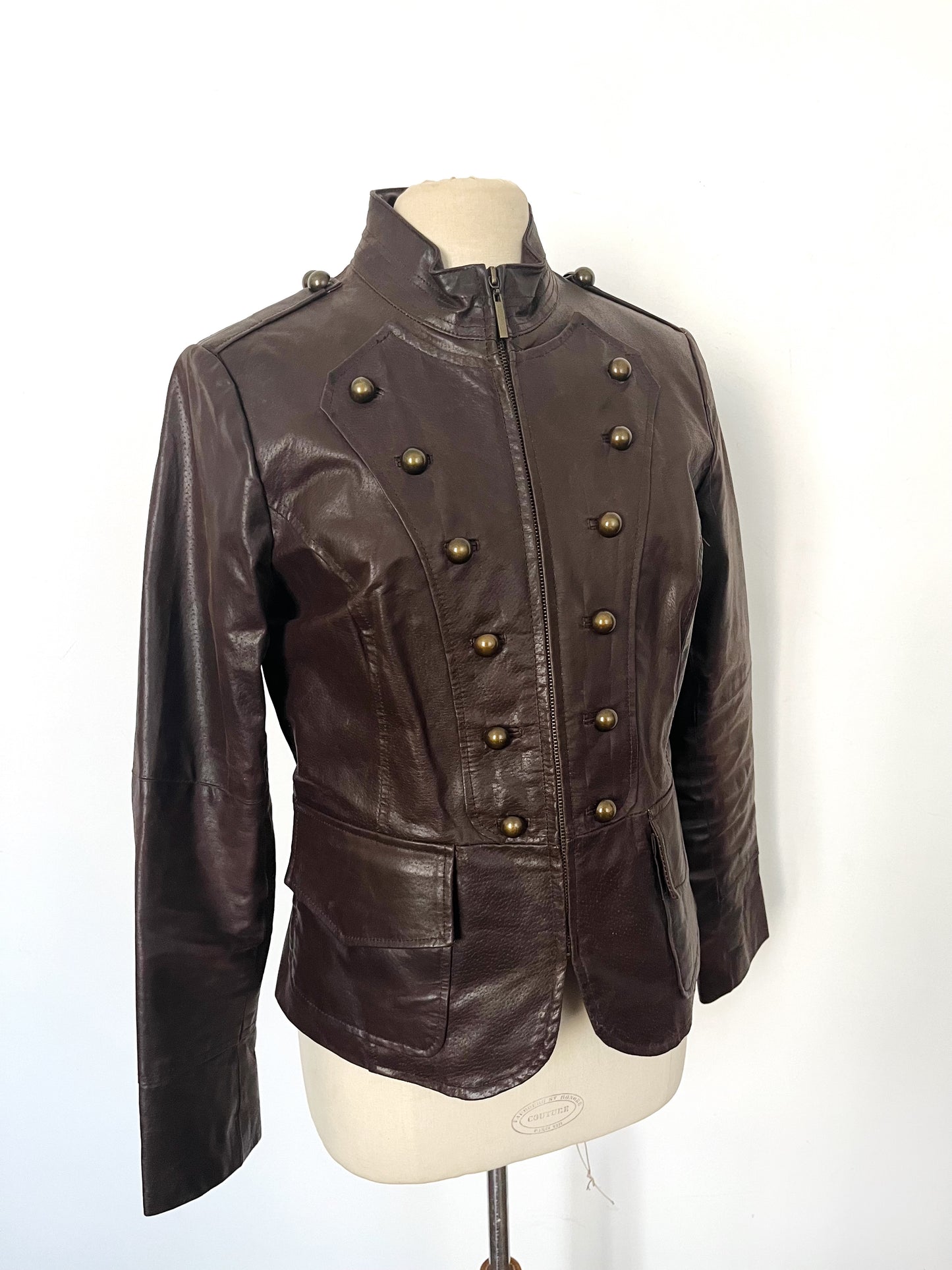 Veste vintage en cuir véritable marron style officier – Taille 40