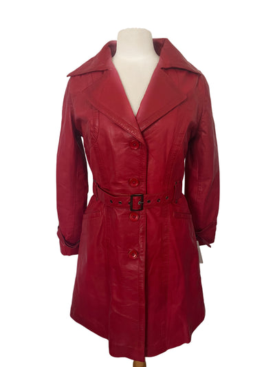 Carrie – Manteau long vintage en cuir véritable rouge, neuf avec étiquette