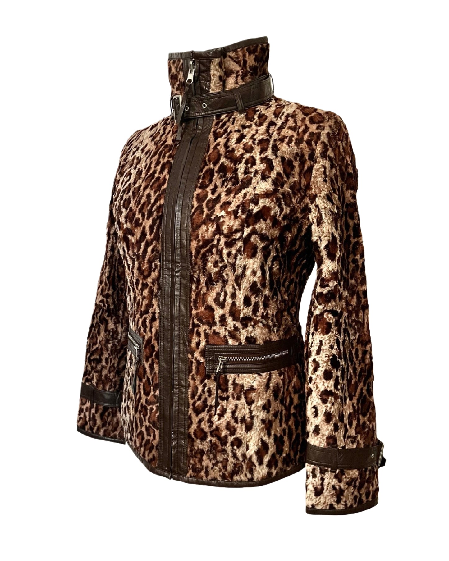 Veste ajustée vintage en fausse fourrure léopard — détails similicuir — taille 38/M
