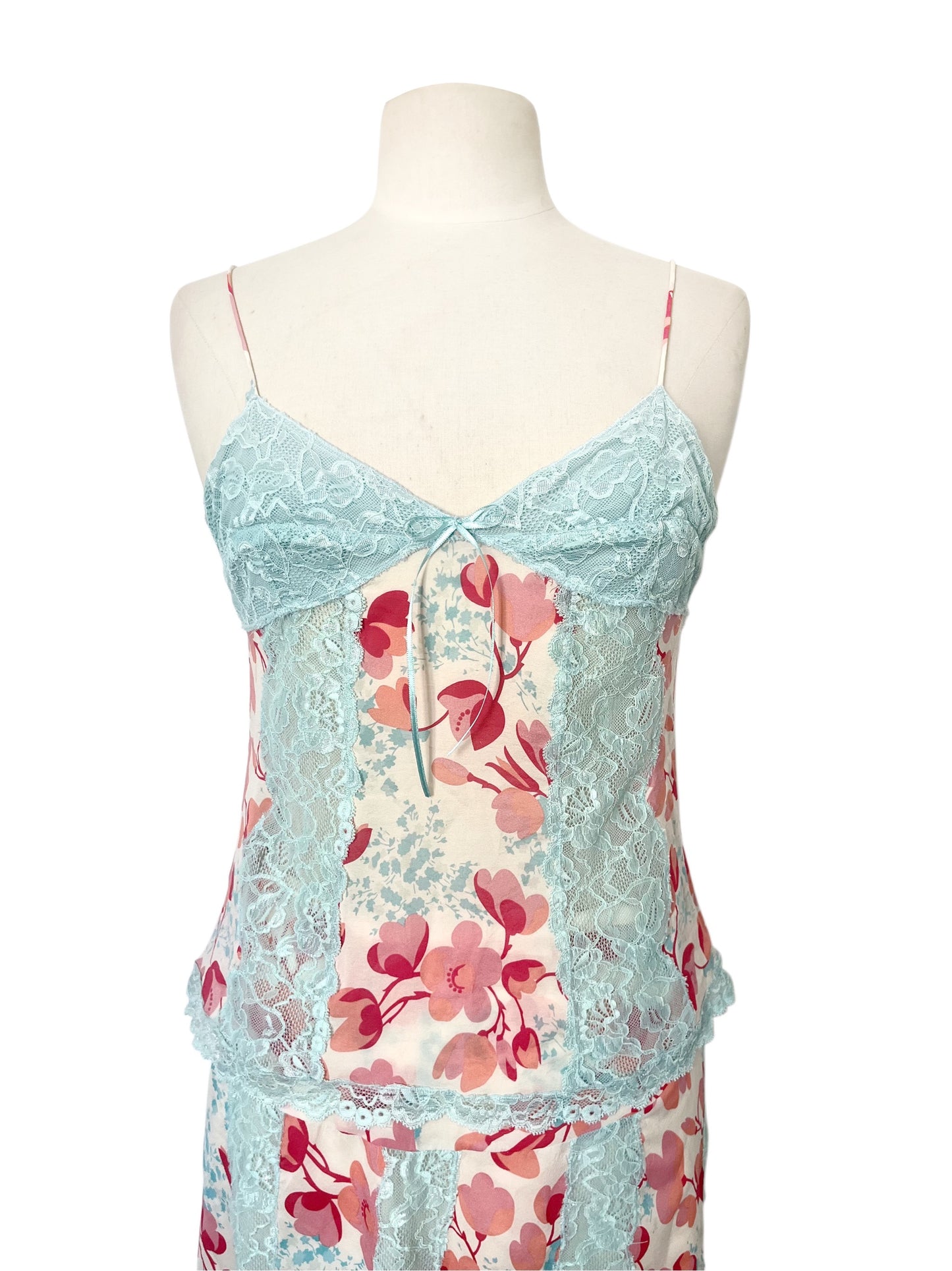 Ensemble Coordonné PINKO Esprit Lingerie en Soie & Dentelle Bleu Pastel — Top Caraco + Jupe Fleuries — taille 38/40 — Coquette / Boudoir Chic / Y2K