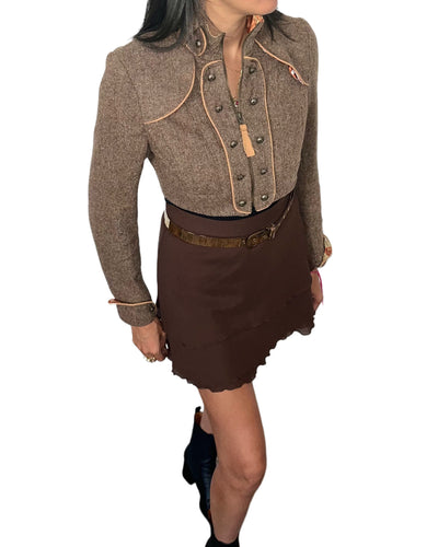 Mini-jupe vintage fluide à volants marron – Taille 40