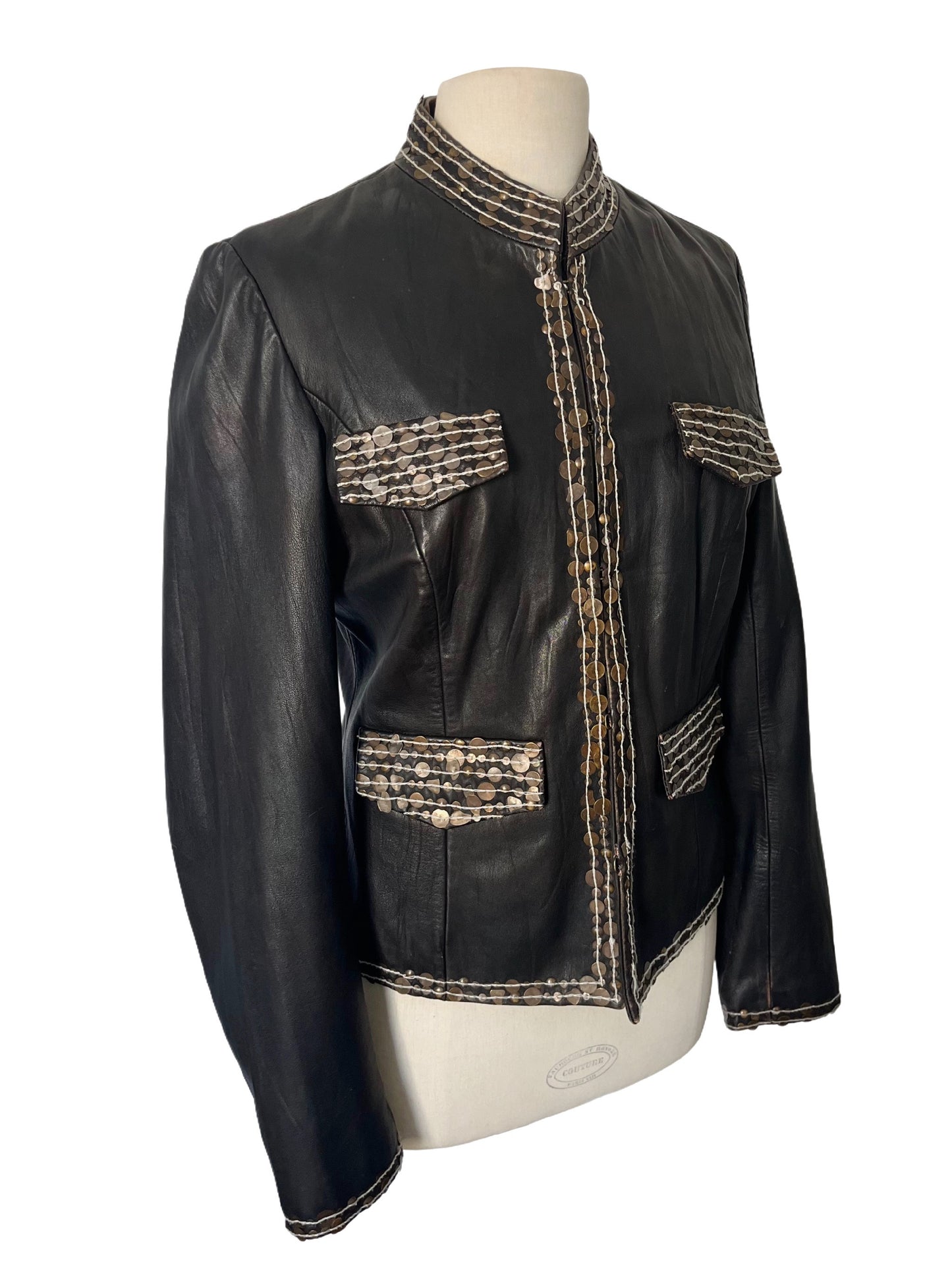 Veste En Similicuir Marron À Broderies & Sequins Mordorés (Made In India) — Taille 42/44