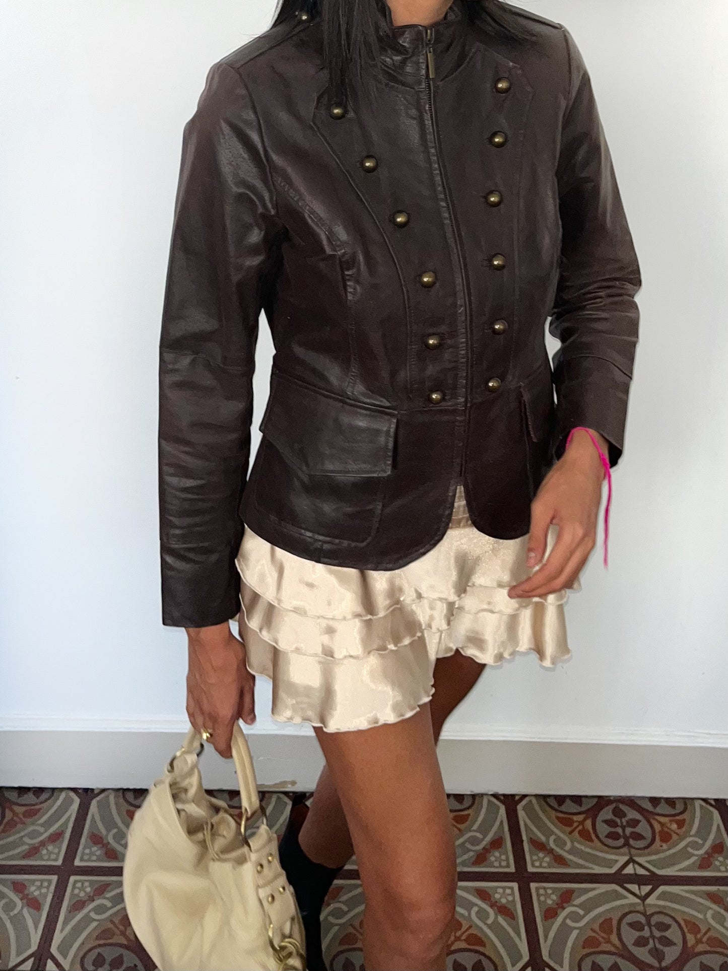 Veste vintage en cuir véritable marron style officier – Taille 40