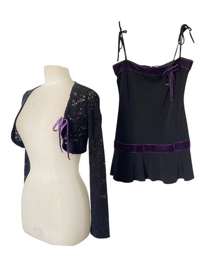 Ensemble Mini Robe / Tunique & Boléro Maille Ajourée Whimsigoth Velours Violet — T. 34/36 (XS/S)