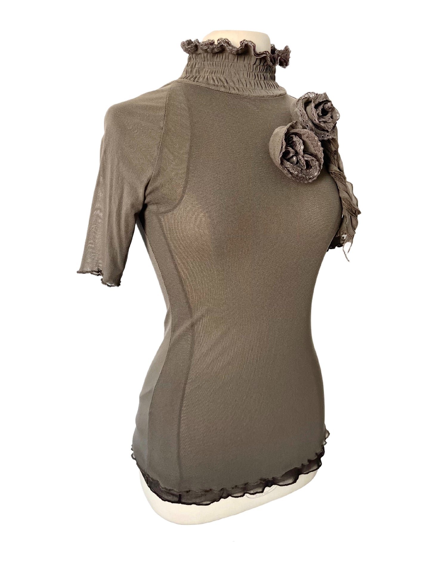Top vintage en mesh taupe & marron à col montant smocké — (Made in Italy) — taille 38/40