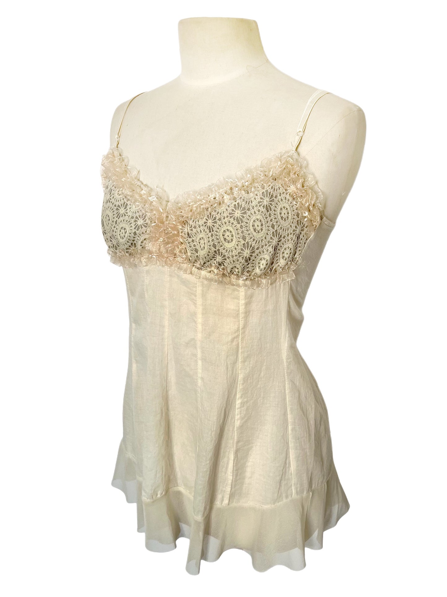 Top Nuisette Romantique Beige — 38/40 FR (M/L) — Dentelle, Coton et Mesh — Style Coquette Y2K