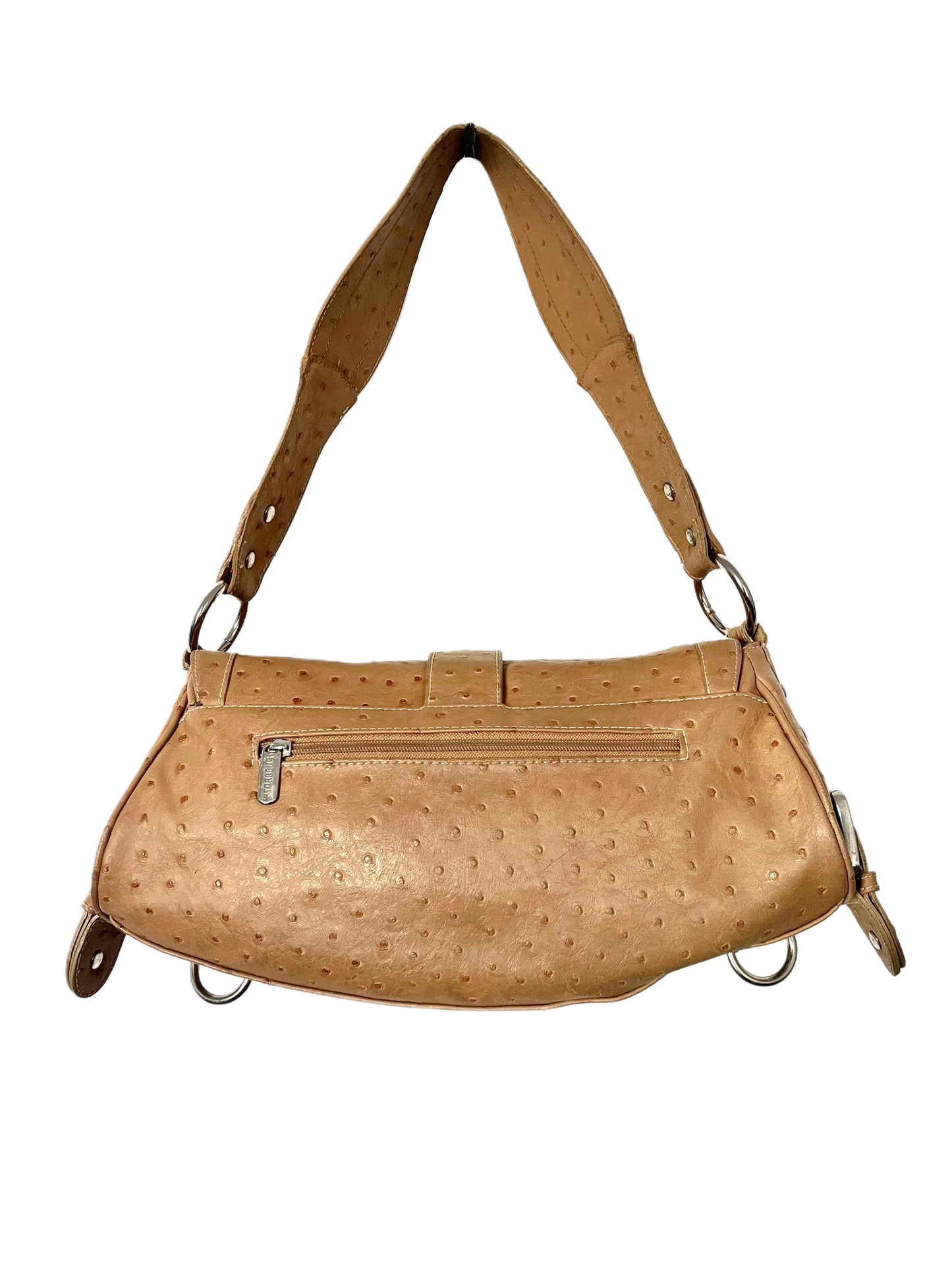 SAC BAGUETTE VINTAGE EFFET CUIR D’AUTRUCHE — DÉTAILS RIVETS ARGENTÉS — FORMAT MÉDIUM
