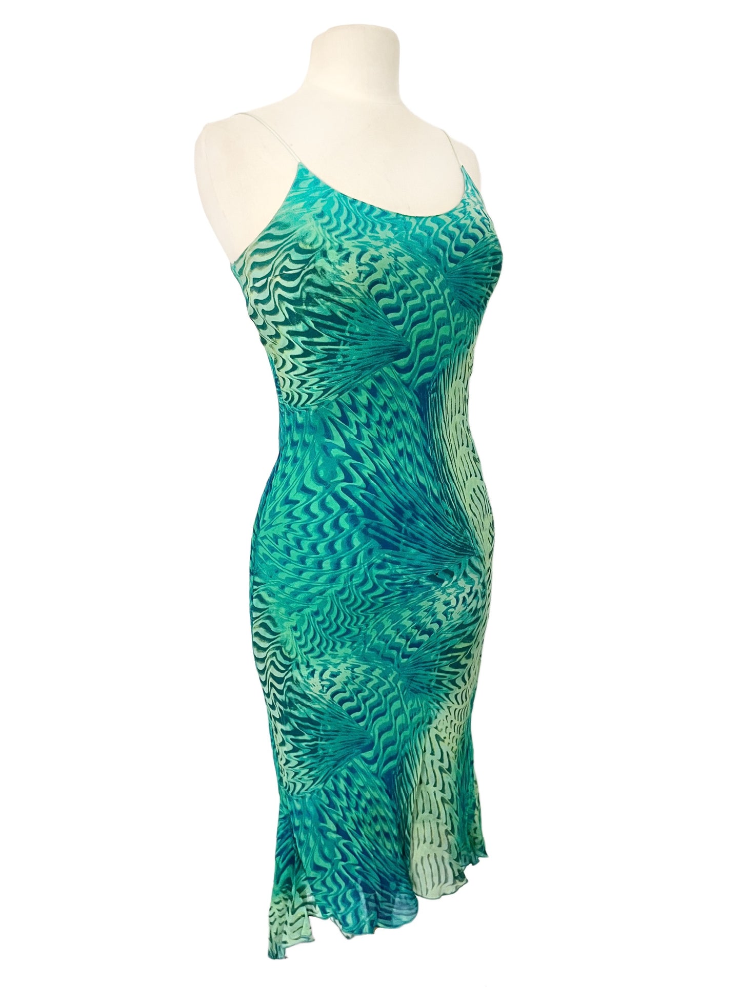Robe à Fines Bretelles et Motifs Psychédéliques Turquoise / Vert — taille 36/38 — Pièce Vintage