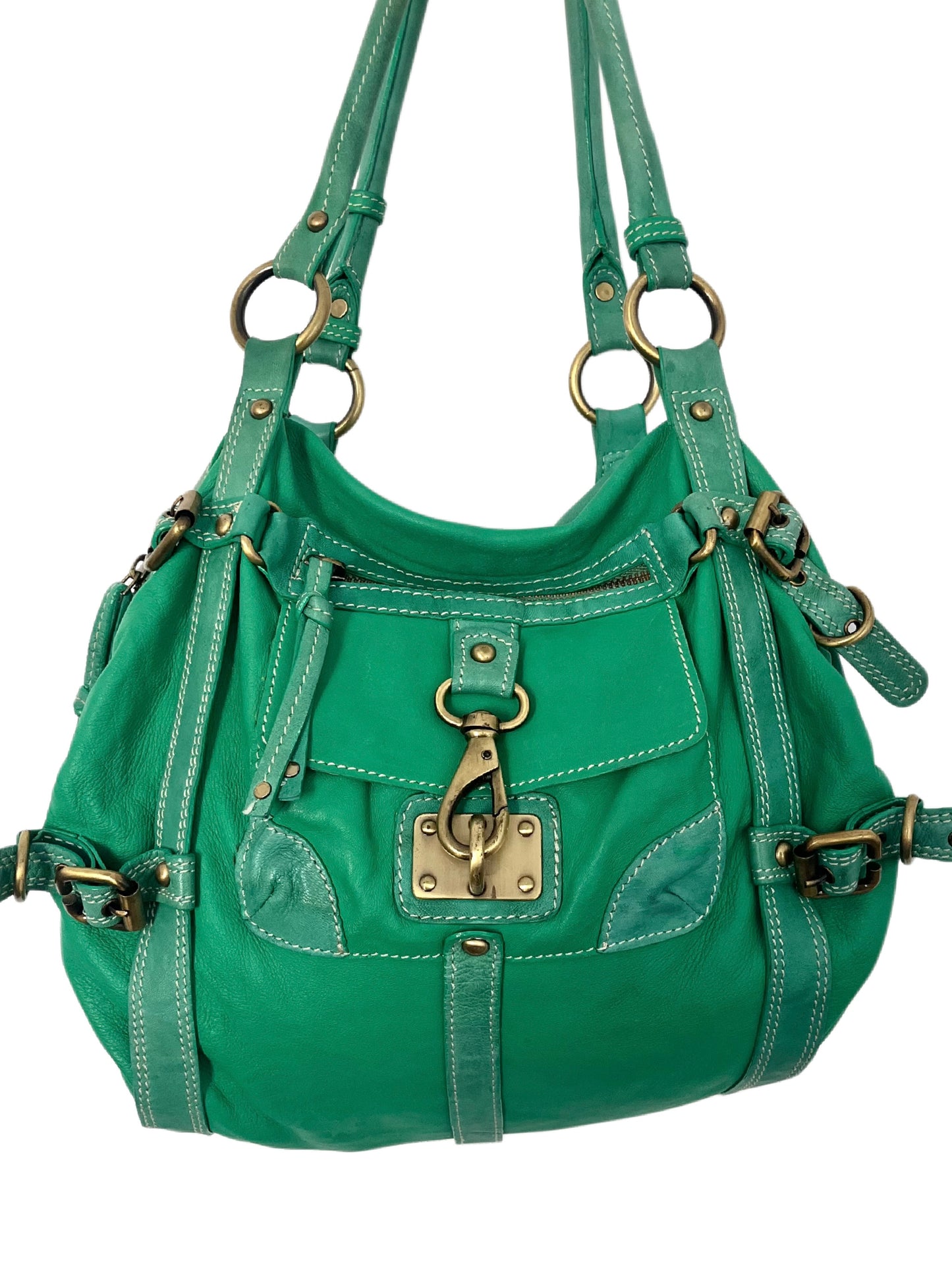 Sac à Main Fourre-Tout en Cuir Vert Turquoise — Format Medium — Style Vintage / Bohème
