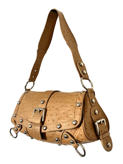 SAC BAGUETTE VINTAGE EFFET CUIR D’AUTRUCHE — DÉTAILS RIVETS ARGENTÉS — FORMAT MÉDIUM