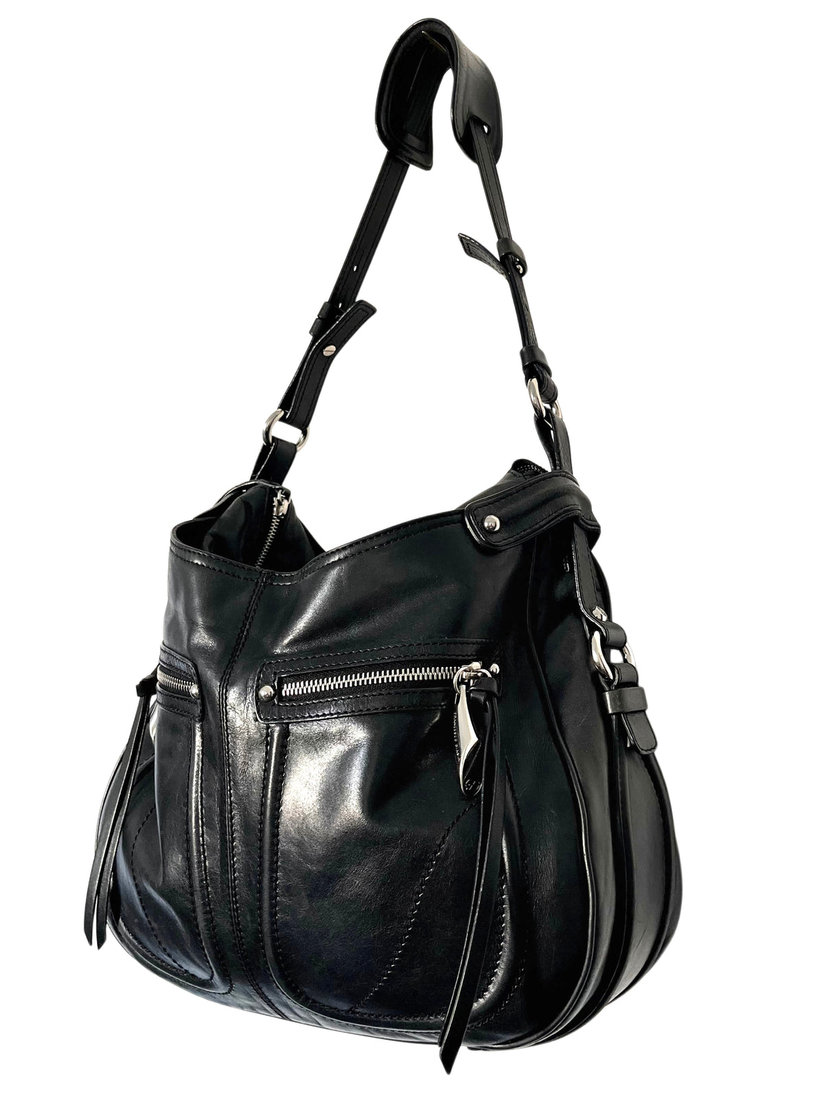 Sac à Main Francesco Biasa Demi-Lune Vintage en Cuir Lisse Noir — Bijouterie Argentée — Made in Italy