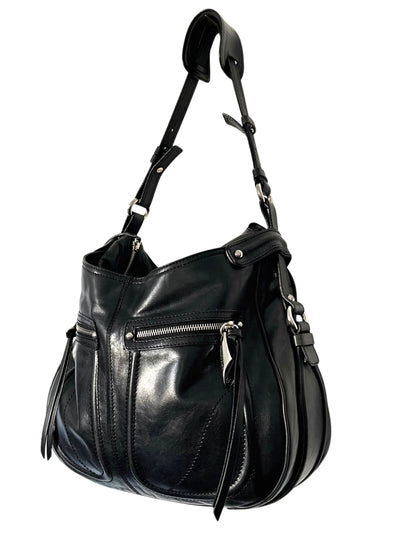 Sac à Main Francesco Biasa Demi-Lune Vintage en Cuir Lisse Noir — Bijouterie Argentée — Made in Italy