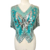 Top Vintage Papillon en Soie Turquoise & Sequins Argentés — taille 38 — Y2K / Glamour / Pièce de Fête