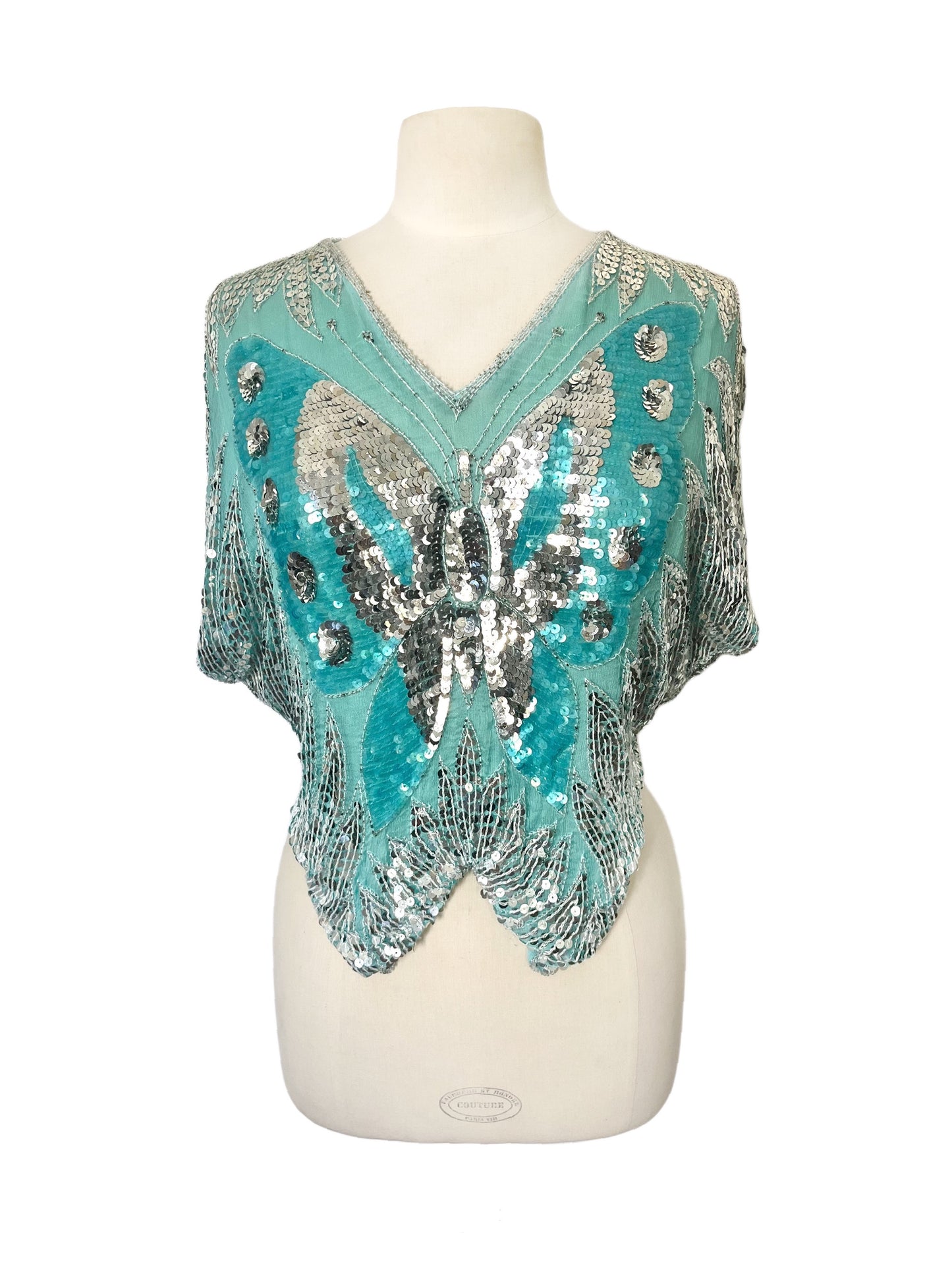 Top Vintage Papillon en Soie Turquoise & Sequins Argentés — taille 38 — Y2K / Glamour / Pièce de Fête