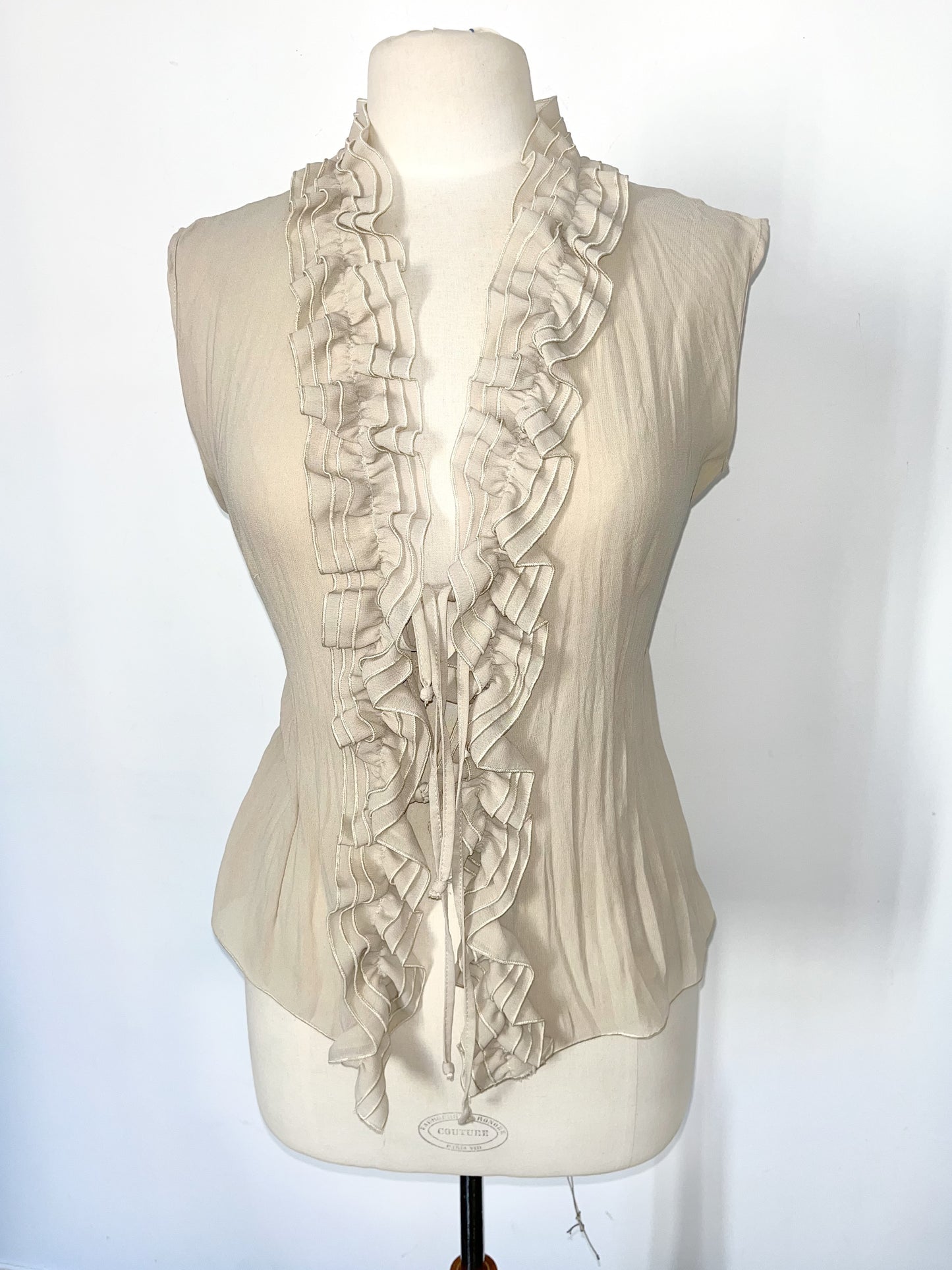 Top vintage sans manches beige taupe à volants – Taille 42