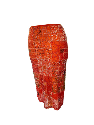 Jupe Midi Vintage Y2K Entièrement Perlée - Motif Géométrique Tons Chauds - Taille 38 (M)