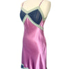 Robe Midi Style Nuisette Satin Violet Parme & Voile Plissé Bleu Marine — Dentelle Vert d'Eau — T. 38