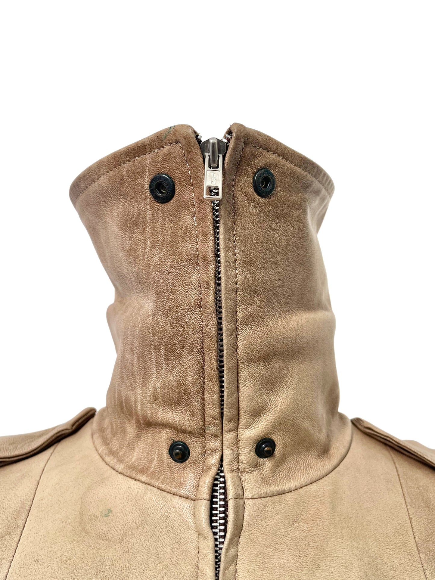 Blouson Aviateur Vintage Cuir Beige Patiné Col XXL — T. 40/42 (46 IT) — Made in Italy