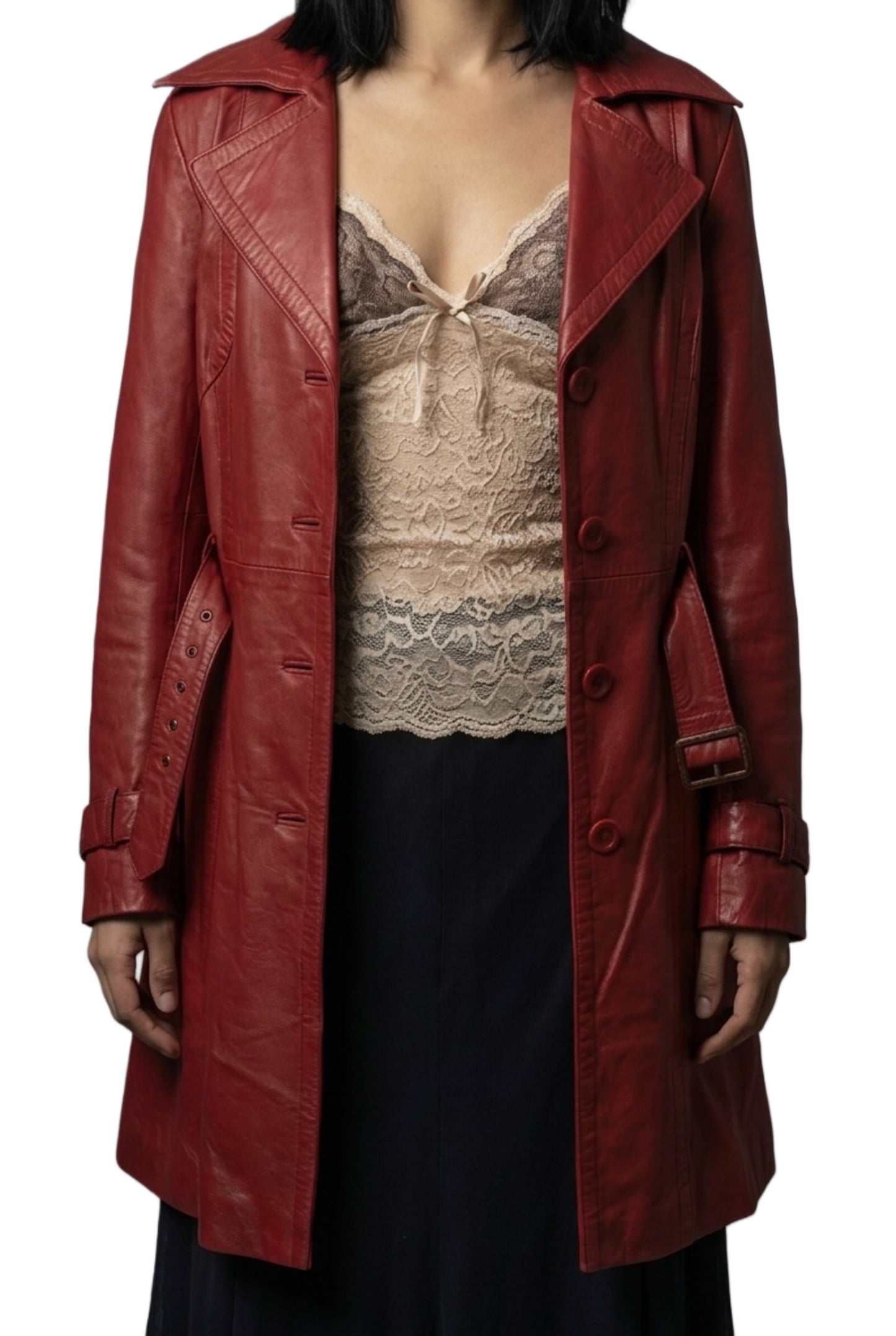 Manteau long vintage en cuir rouge style trench — (neuf avec étiquette) — taille 40/L