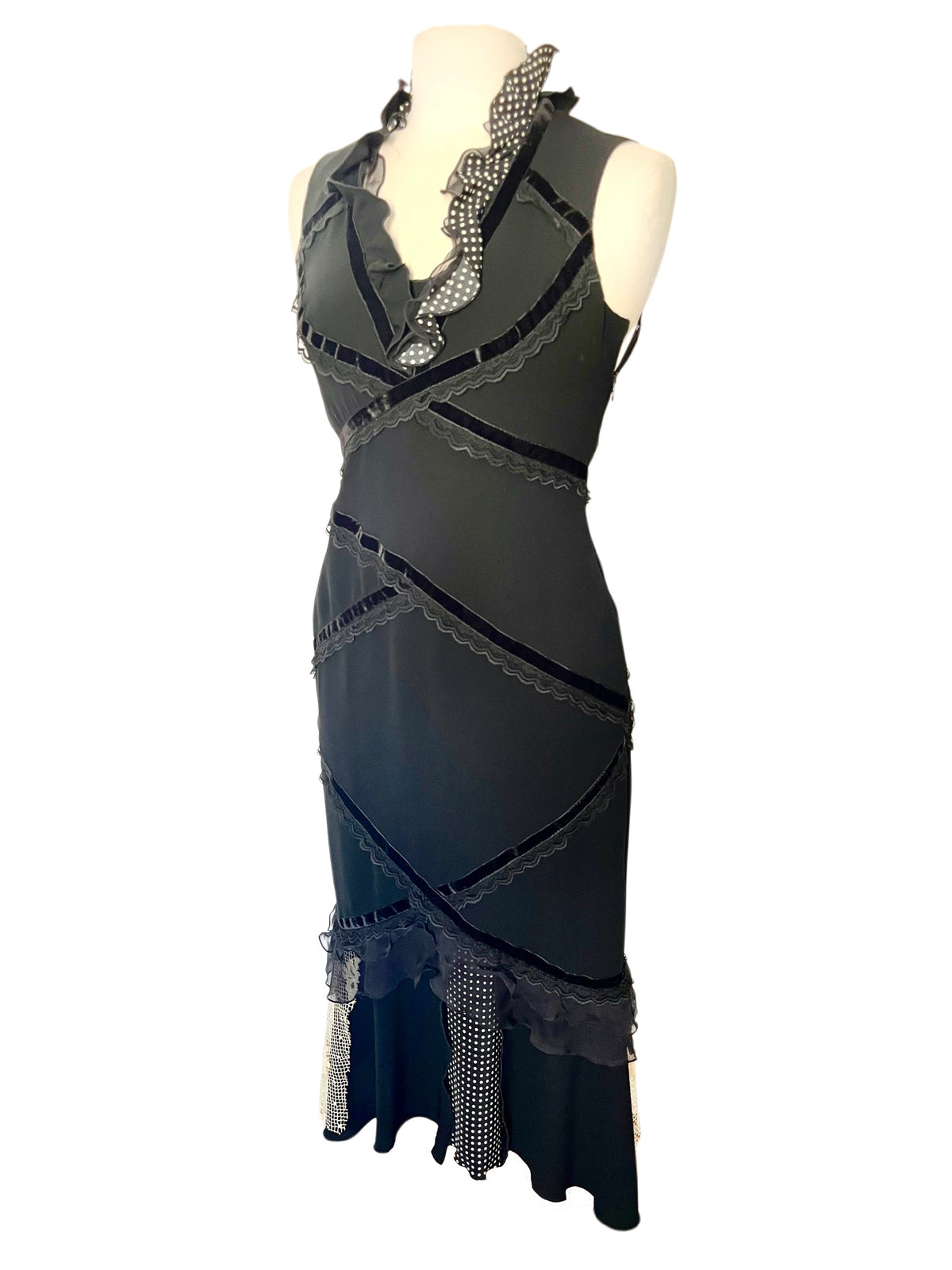 Robe Midi Asymétrique Style Whimsigoth Noir & Soie à Pois — T. 36