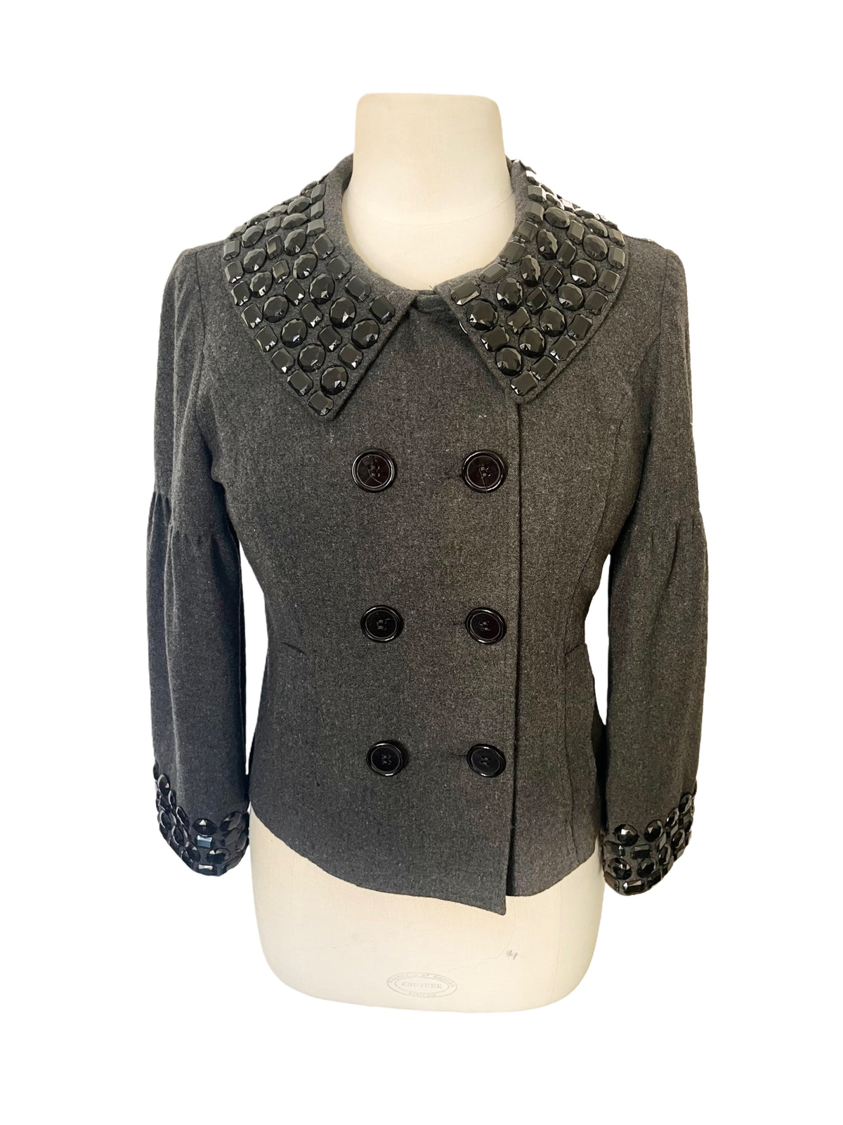 Veste Courte Style Caban Gris Anthracite Col Claudine & Poignets Gemmes Noires — T. 38