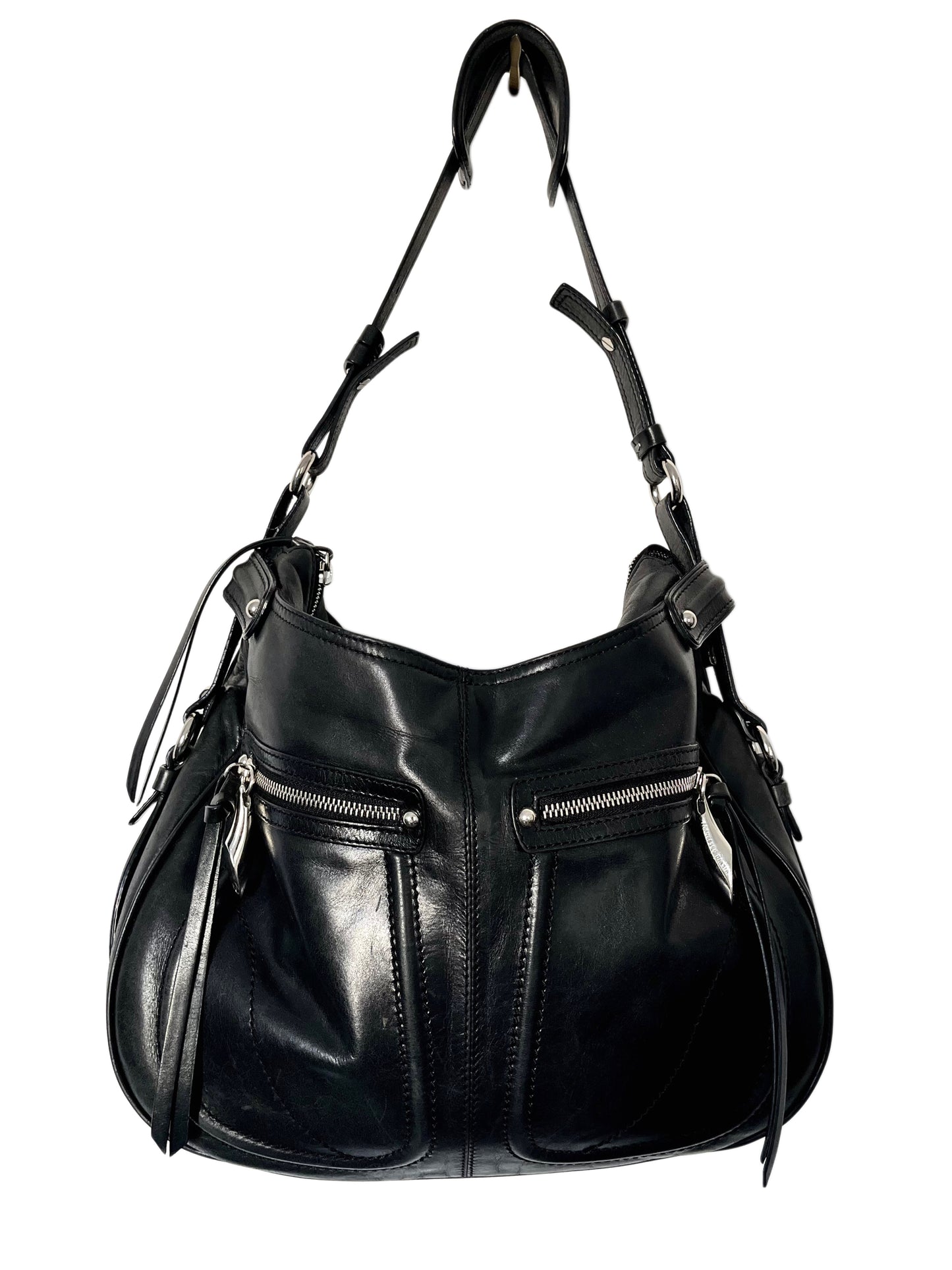 Sac à Main Francesco Biasa Demi-Lune Vintage en Cuir Lisse Noir — Bijouterie Argentée — Made in Italy